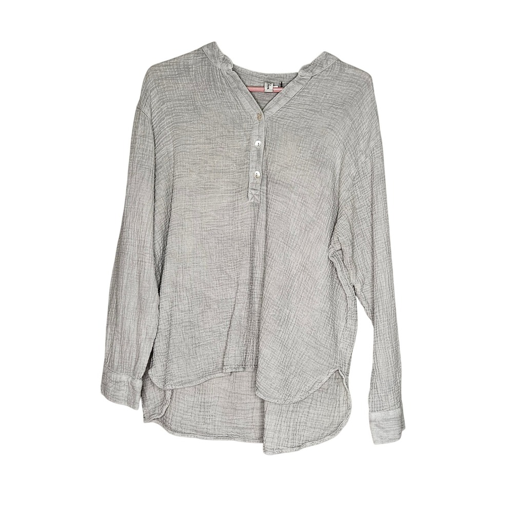 Elan Crinkle Gauze Henley Oversized Tunic Shirt Gray Size Small Capsule Comfy